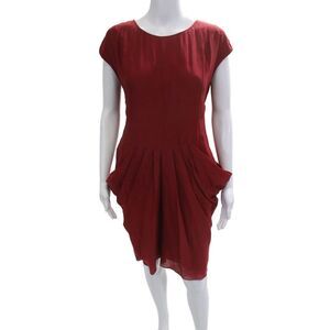 Sari Gueron Women Sheath Dress Red Silk Cotton Short Sleeve Zip Size 6